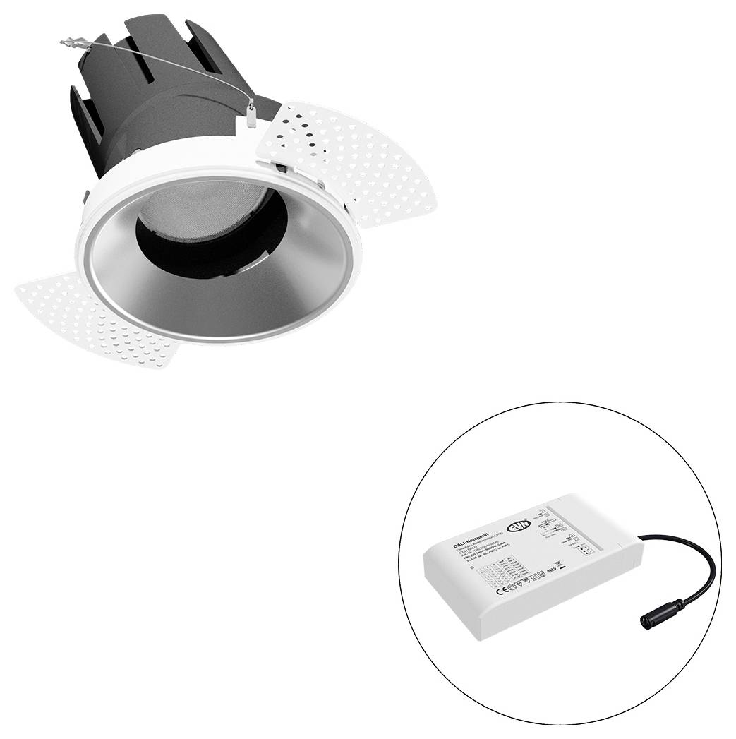 Eingebaute Deckenleuchte mit perforiertem Rahmen und separatem LED-Treiber, dargestellt in einem eingefügten Kreis.