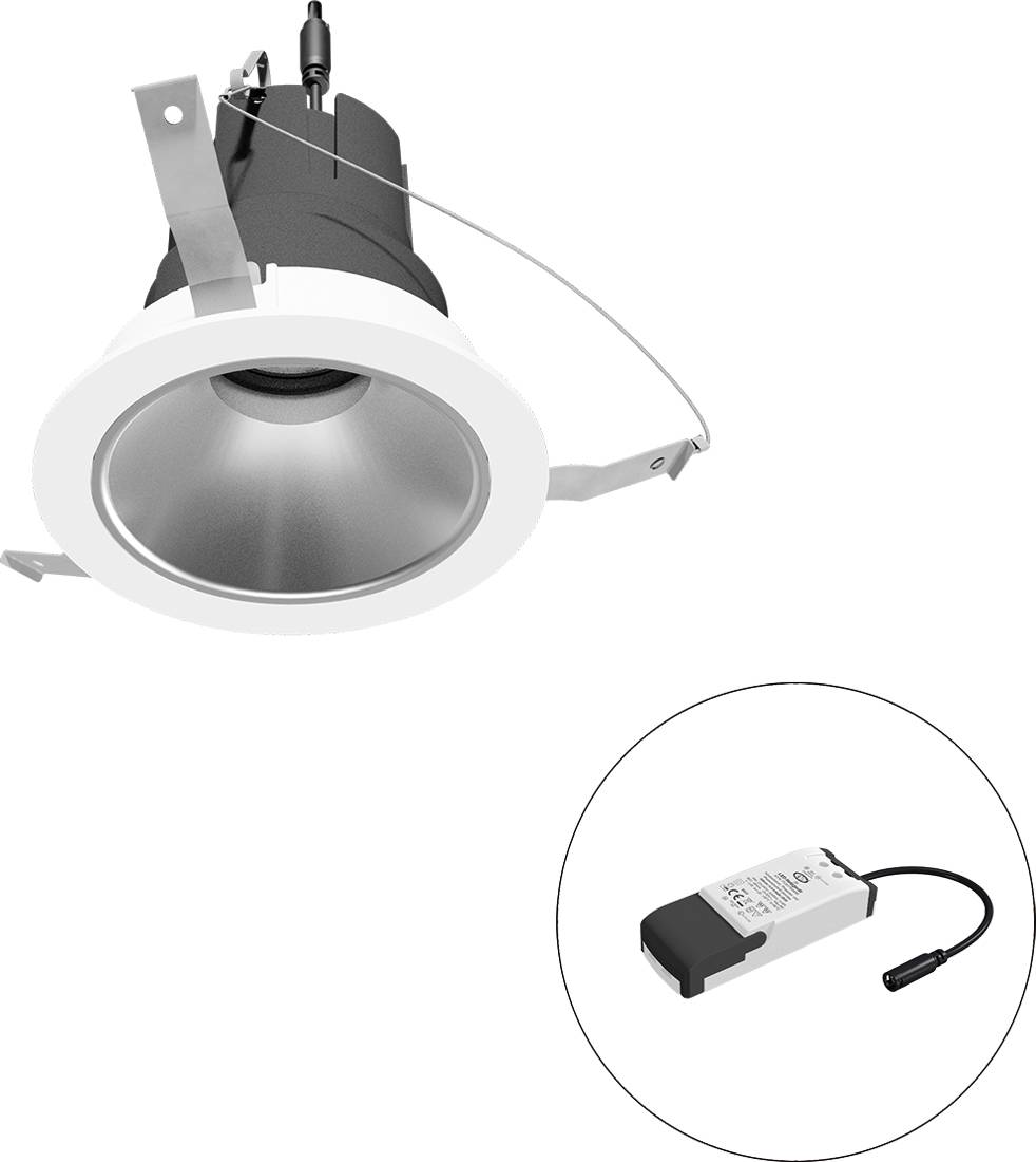 Eingelassene LED-Downlight mit Federclips und separatem Treibermodul, das in der Vergrößerung dargestellt ist.