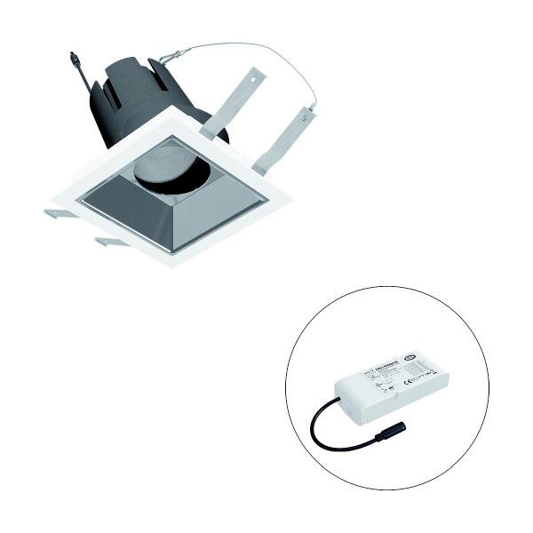 Quadratischer LED-Spotstrahler mit mattem Reflektor und separatem LED-Treiber, zur Deckenmontage geeignet.