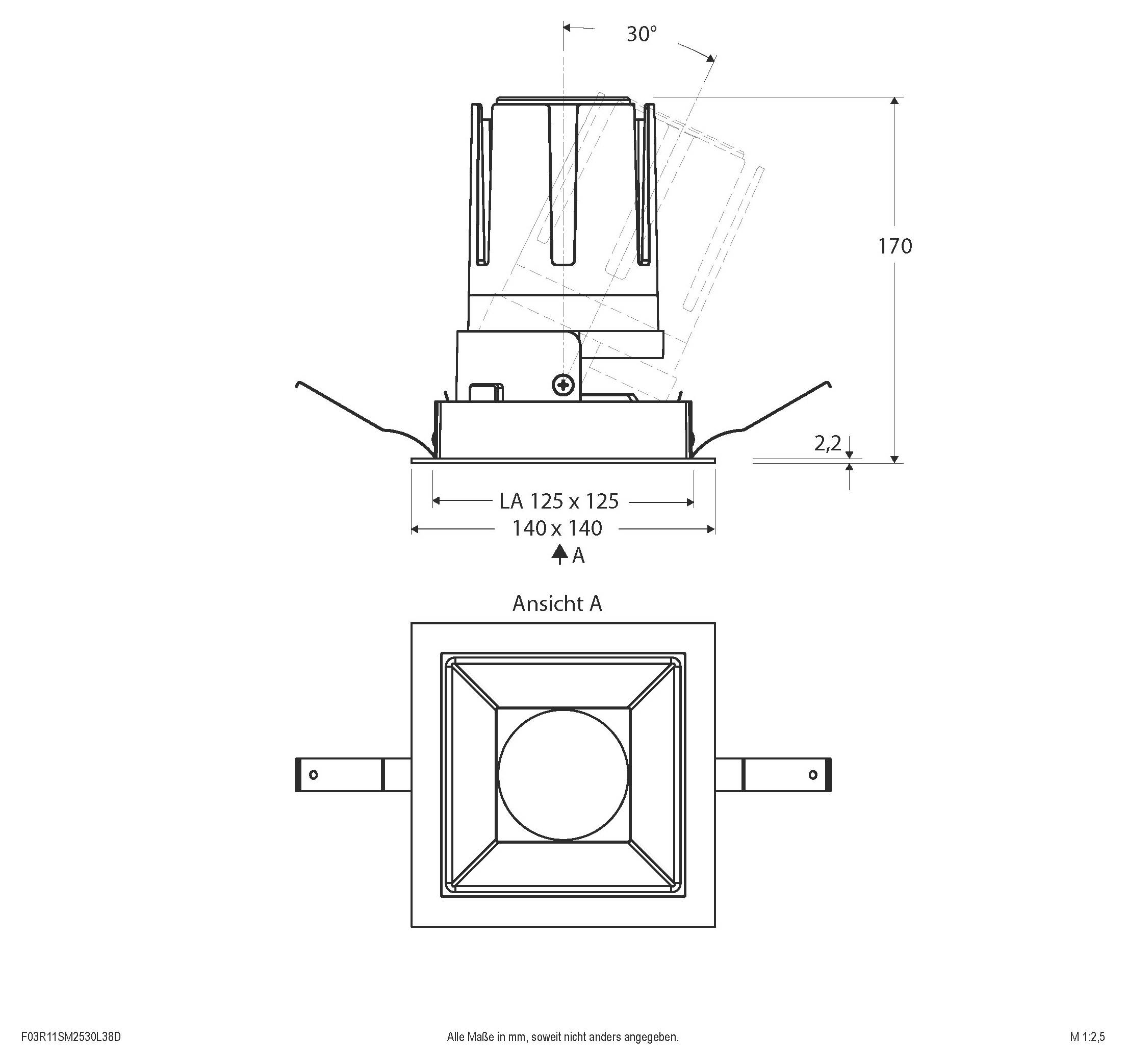 Technische Maßzeichnung eines quadratischen Maschinenteils, zeigend Seiten- und Draufsicht mit Abmessungen 170, 30°, 2,2 und Grundgrößen LA 125x125 und 140x140.