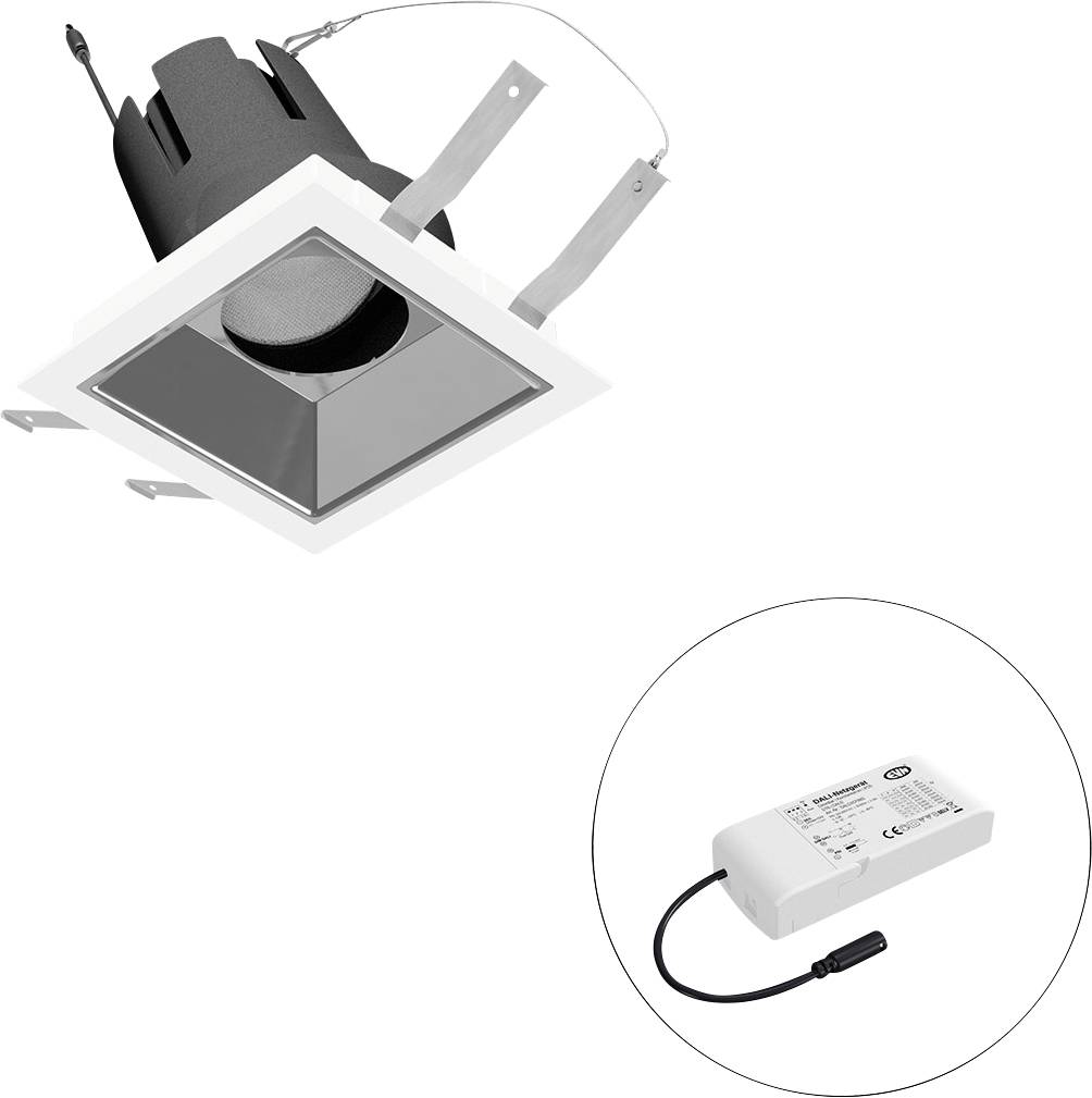 Eingelassene quadratische Deckenleuchte mit separatem LED-Treiber in einem Kreisausschnitt dargestellt.