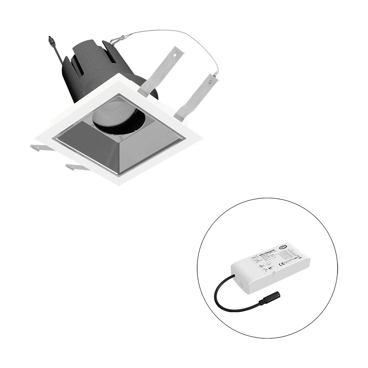 Einbauleuchte und passender Treiber; quadratische Form, schwarz-weißer Rahmen; für Deckenmontage, moderne Design-Option.
