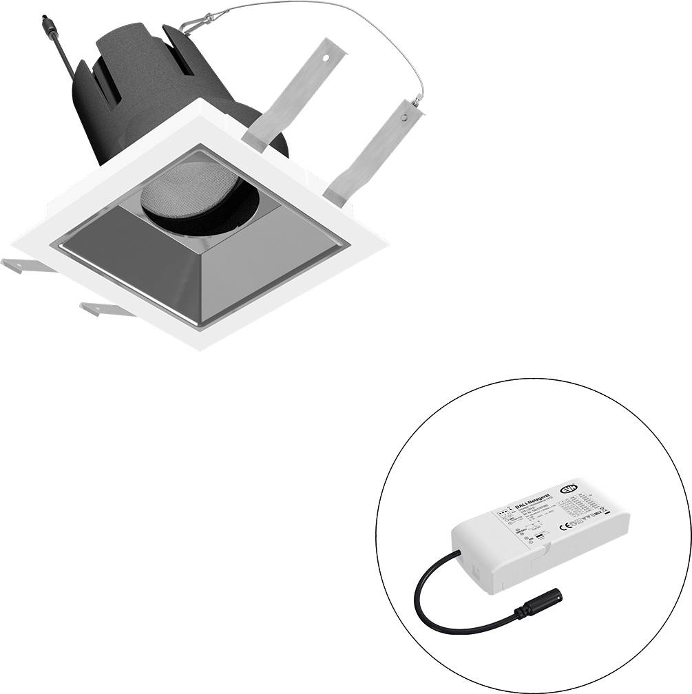 Eingelassenes quadratisches Deckenleuchten-Einbaugehäuse mit Verkabelung, dargestellt mit separatem LED-Treiber/Netzteil in einem eingefügten Kreis.