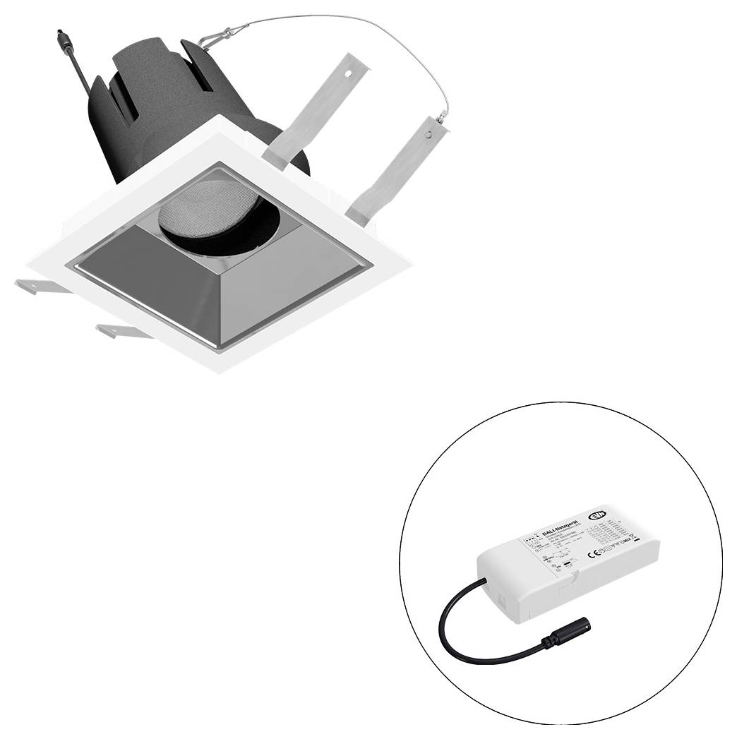 Einbauleuchte in der Decke mit quadratischer Blende und separatem LED-Treibermodul in einer kreisförmigen Vergrößerung dargestellt.