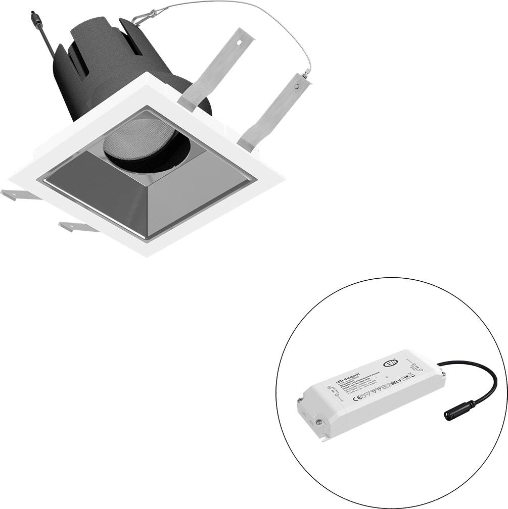 Eingelassene quadratische LED-Einbauleuchte mit integriertem Treiber, dargestellt neben separater Stromversorgungseinheit in einem Callout-Kreis.
