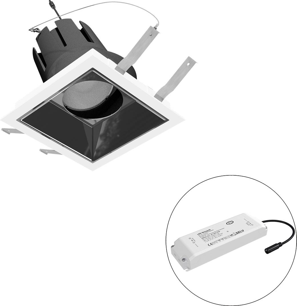 Eingelassene quadratische Einbauleuchte mit integriertem LED-Treiber, dargestellt in Draufsicht und Seitenansicht auf weißem Hintergrund.