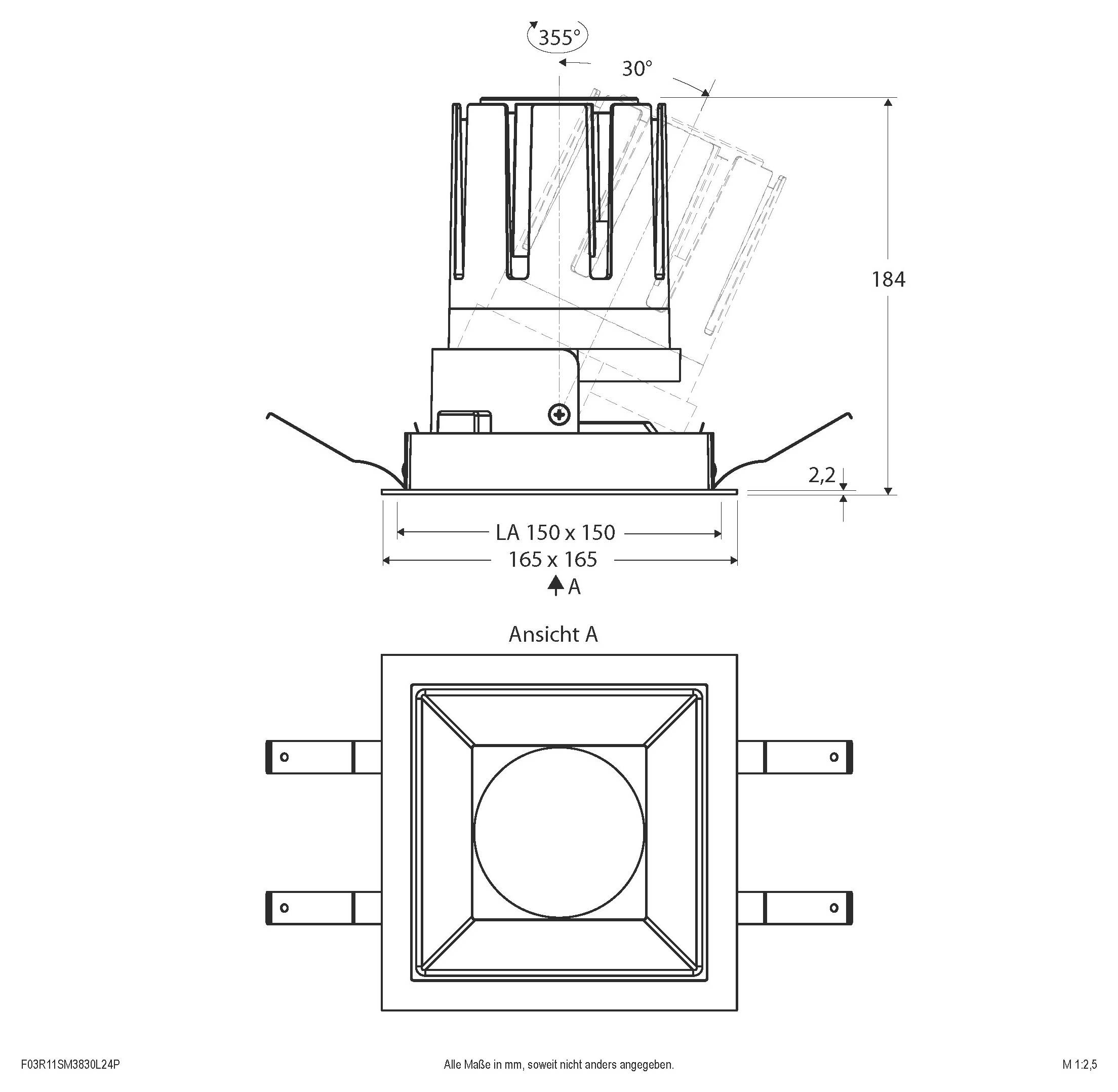 Technische Strichzeichnung einer verstellbaren quadratischen Montageklammer, die Seiten- und Frontansichten mit Abmessungen 150 x 150/165 x 165, Höhe 184 und Rotationswinkeln 355° und 30° zeigt.
