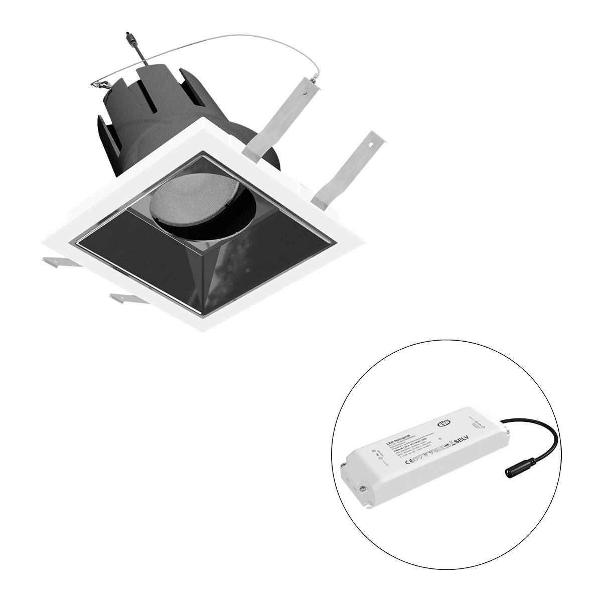 Einbau-Deckenleuchte mit quadratischem Rahmen und separatem rechteckigem Transformator.