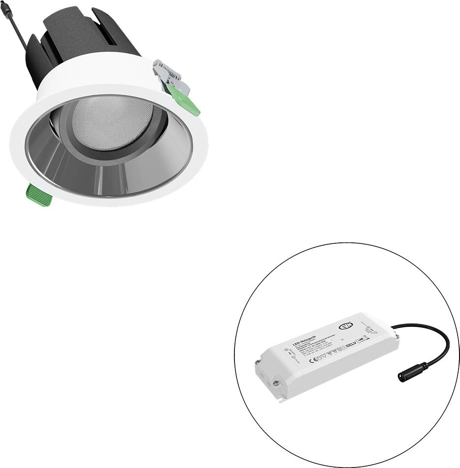 Eingelassene LED-Downlight mit angefügtem Stromtreiber, dargestellt in einem Inset-Kreis.