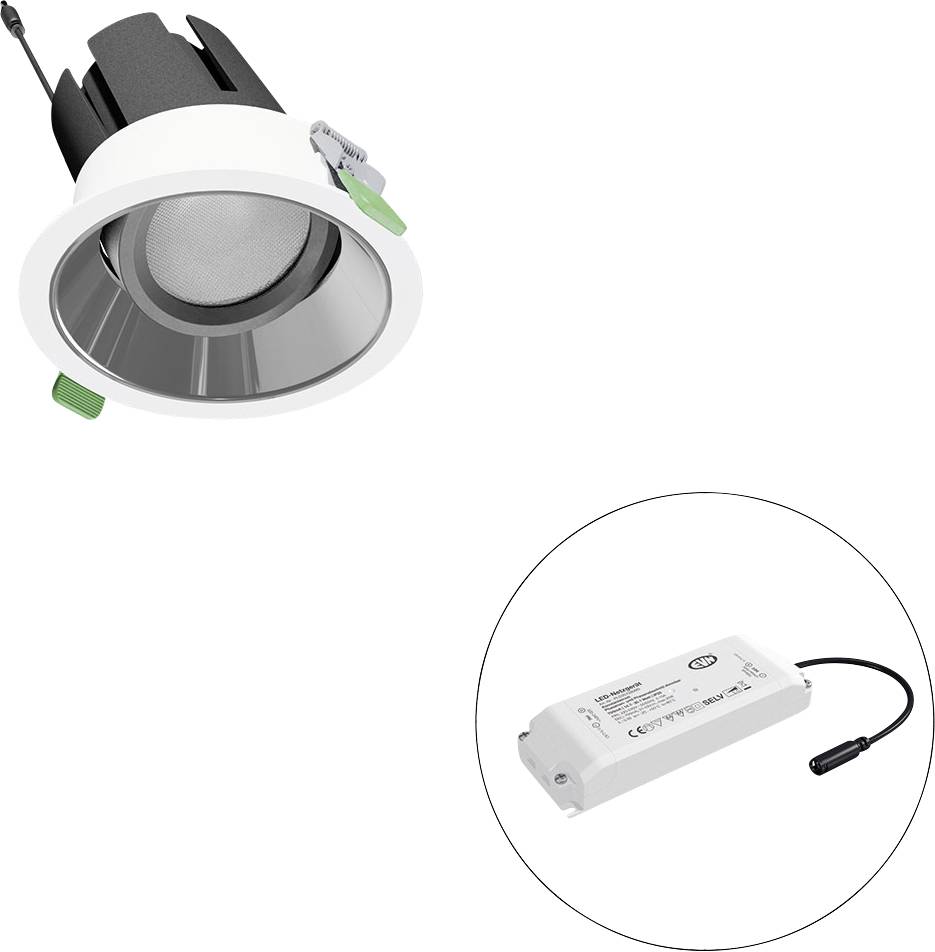 Flächenbündige LED-Einbauleuchte mit separatem weißem Vorschaltgerät, das in einem Kreis dargestellt ist.