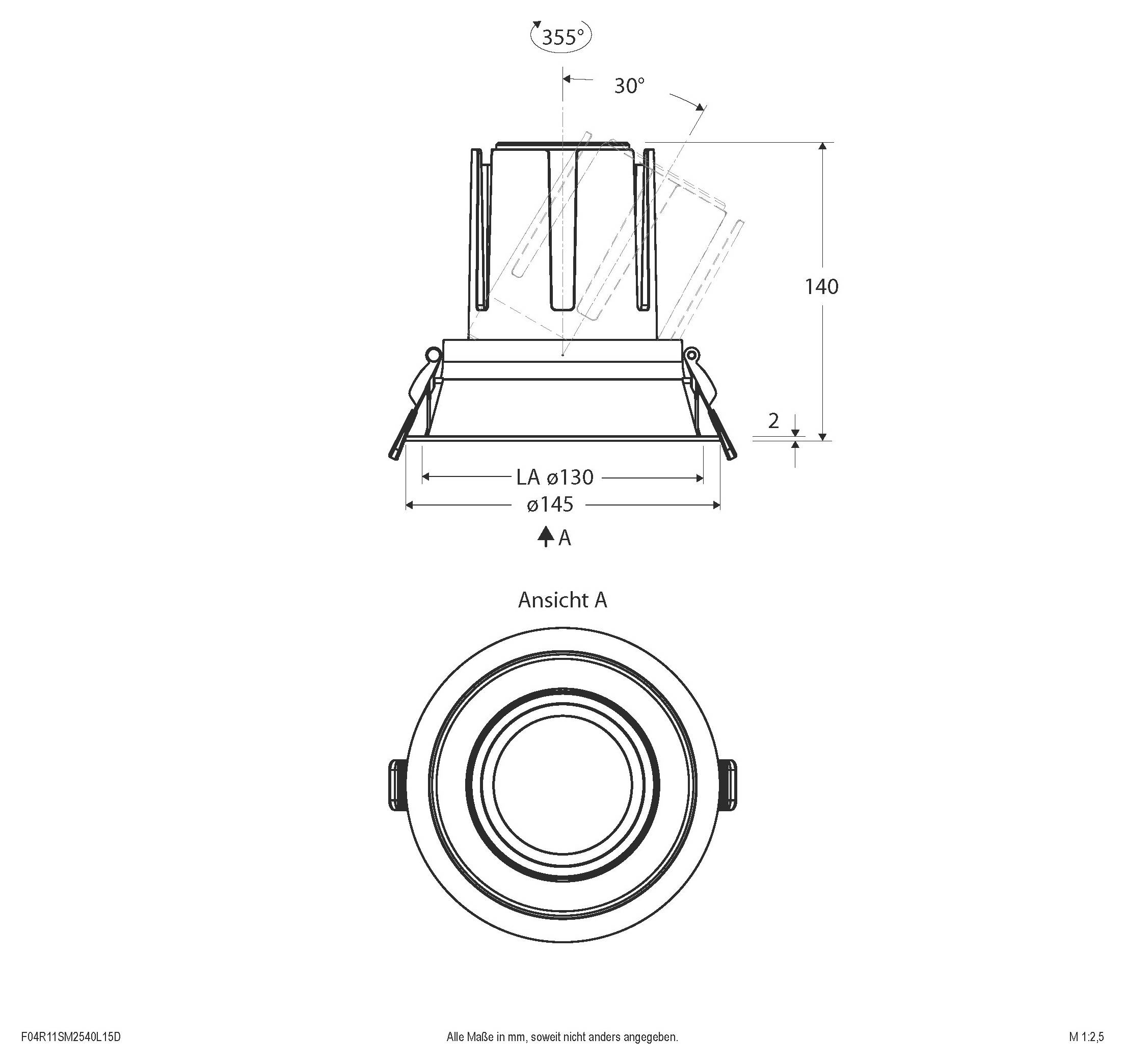 Technische Zeichnung einer runden verstellbaren Leuchte, die Vorder- und Seitenansichten mit Abmessungen zeigt, 355° Drehung, 30° Neigung und Durchmesser von 130 und 145 mm.