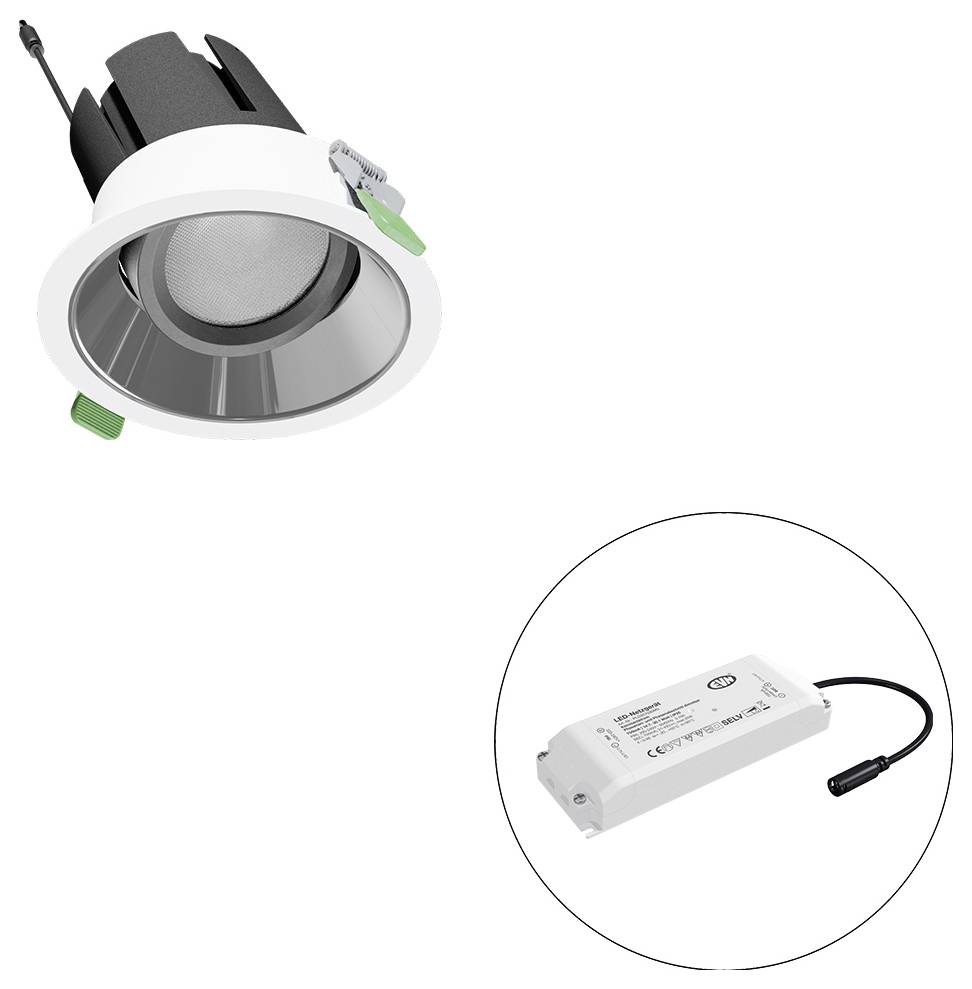 Eingebaute LED-Downlight mit separatem Treibermodul, wie in der Vergrößerung dargestellt, wobei die Leuchte und ihr Netzteil gezeigt werden.