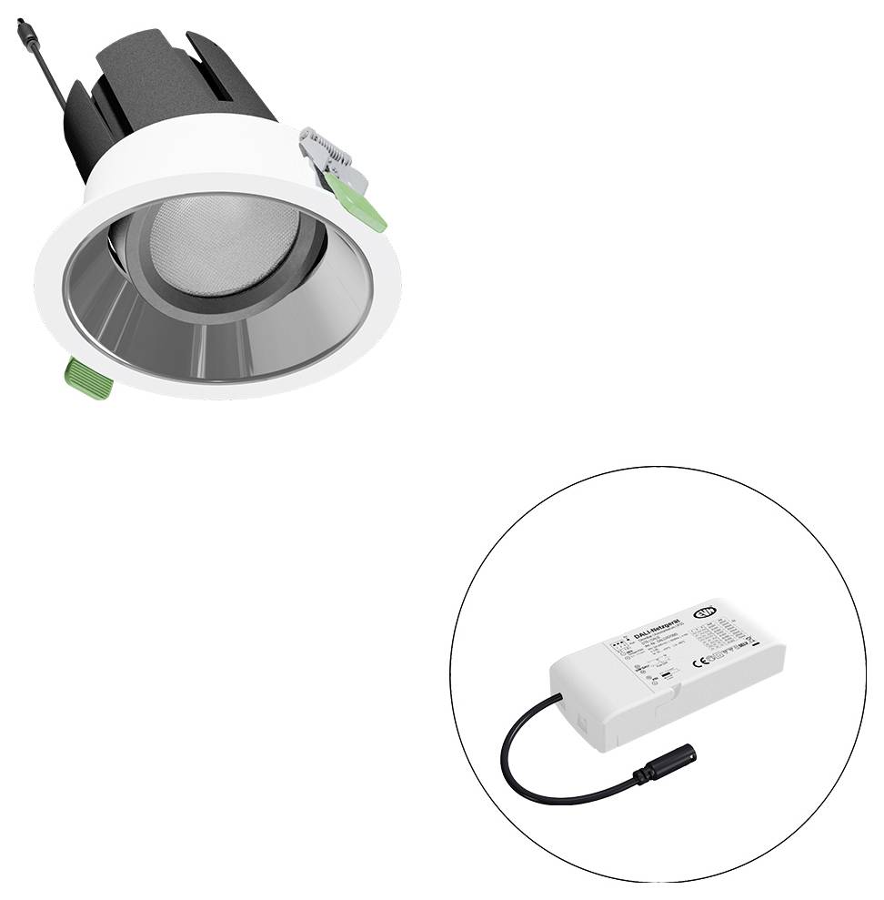 Eingebaute LED-Downlight-Leuchte mit separatem Treiber, dargestellt in einem Kreis, zur Veranschaulichung der Leuchte und ihrer Stromversorgungseinheit.