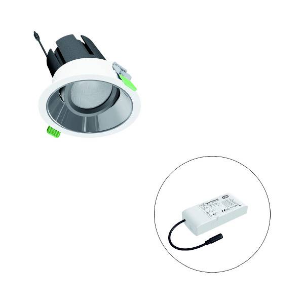 Einbau-Downlight mit runder, weißer Fassung und separatem rechteckigem Treiber. Geeignet für energieeffiziente Beleuchtung.