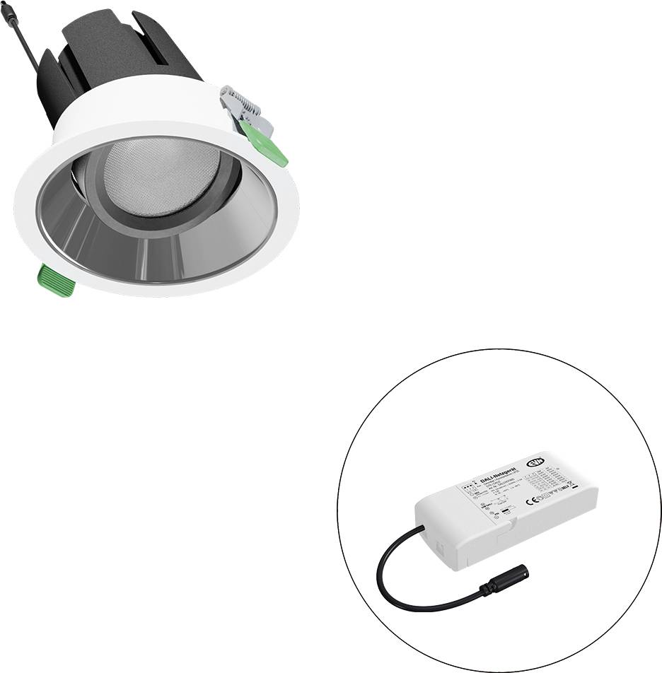 Eingebaute LED-Deckenleuchte mit in einem Insetkreis dargestelltem Treibernetzteil, das die Leuchte und ihren angeschlossenen Transformator veranschaulicht.