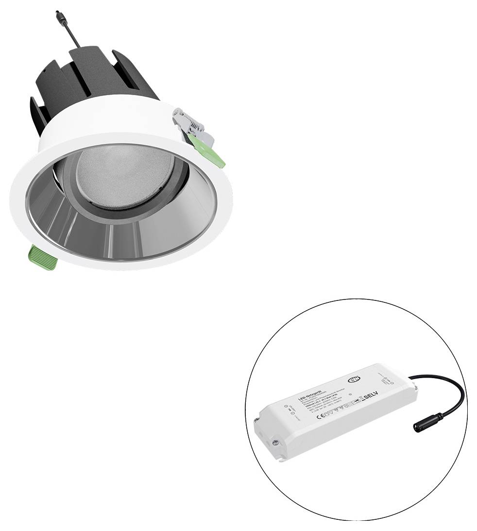 Eingebauter LED-Deckenspot mit Montageclips, dargestellt mit seinem separaten Treiber-Netzteil in einer kreisförmigen Einfassung.