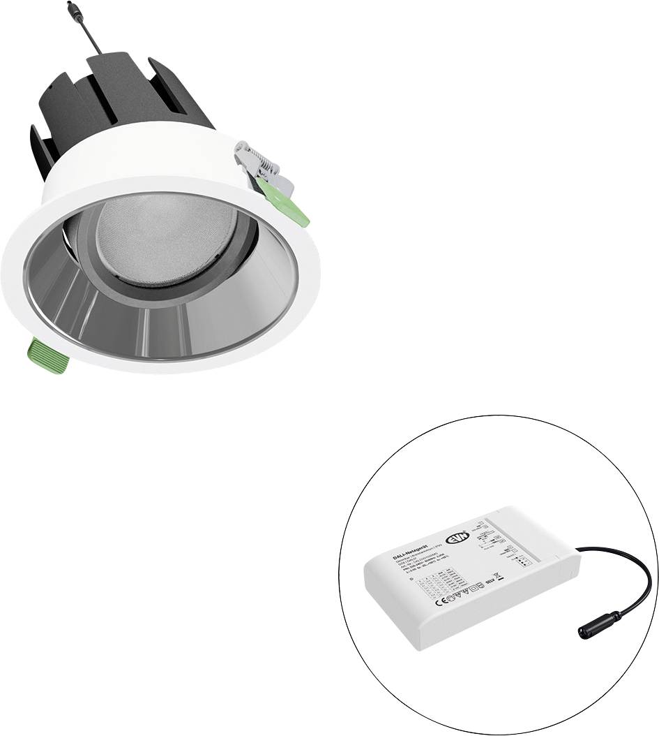 Einbaustrahler mit rundem Rahmen und LED-Lampe, abgebildet neben einem rechteckigen elektronischen Vorschaltgerät.