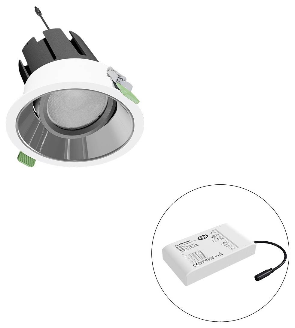Eingelassener LED-Einbaustrahler mit Federklemmen und separatem Treibermodul in einem Ausschnittkreis dargestellt.