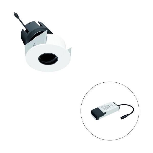 Einbaustrahler in weißem Gehäuse mit Kabel, daneben Treiber mit Kabelanschluss, beide zur Installation in Decken.