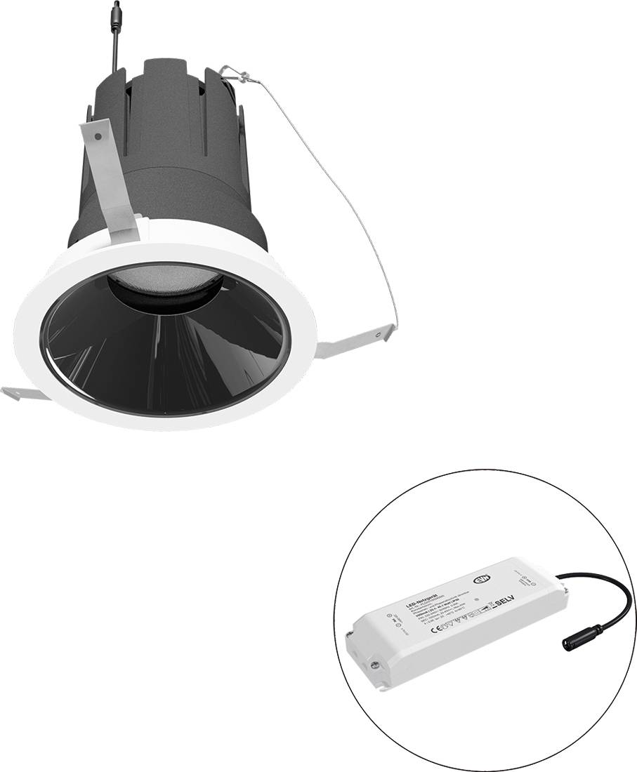 Eingelassene LED-Einbauleuchte mit Treibernetzgerät in der vergrößerten Darstellung gezeigt.
