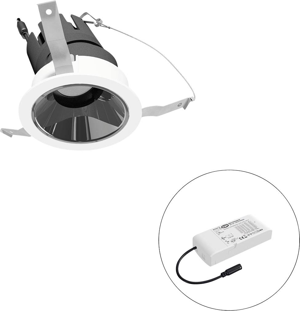 Eingelassene LED-Einbauleuchte mit Federklammern, plus separater Treiber in einem Kreis in der Ecke gezeigt.