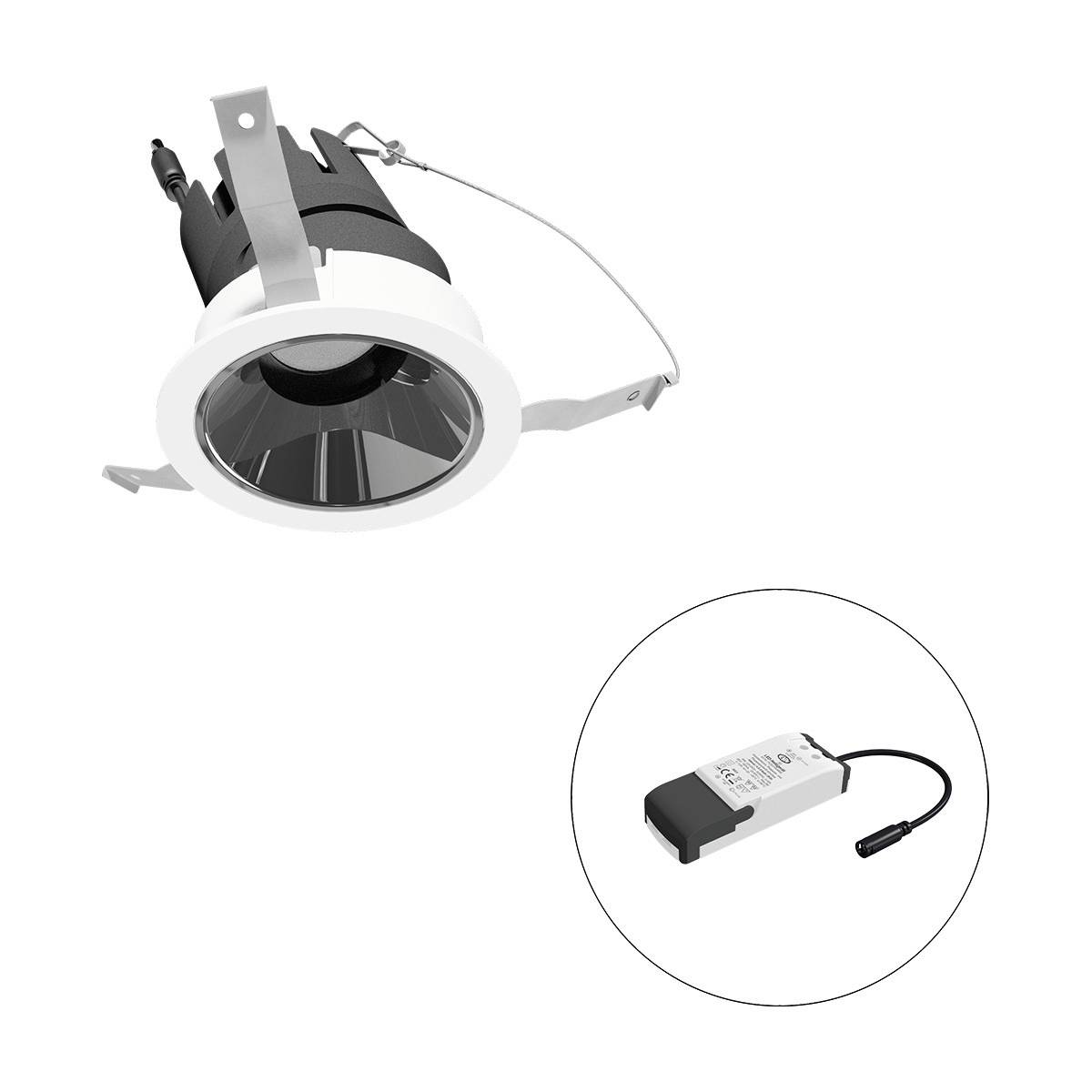 Einbaustrahler mit schwarzem Gehäuse und weißem Rand, daneben ein rechteckiges Netzteil mit angeschlossenem Kabel.