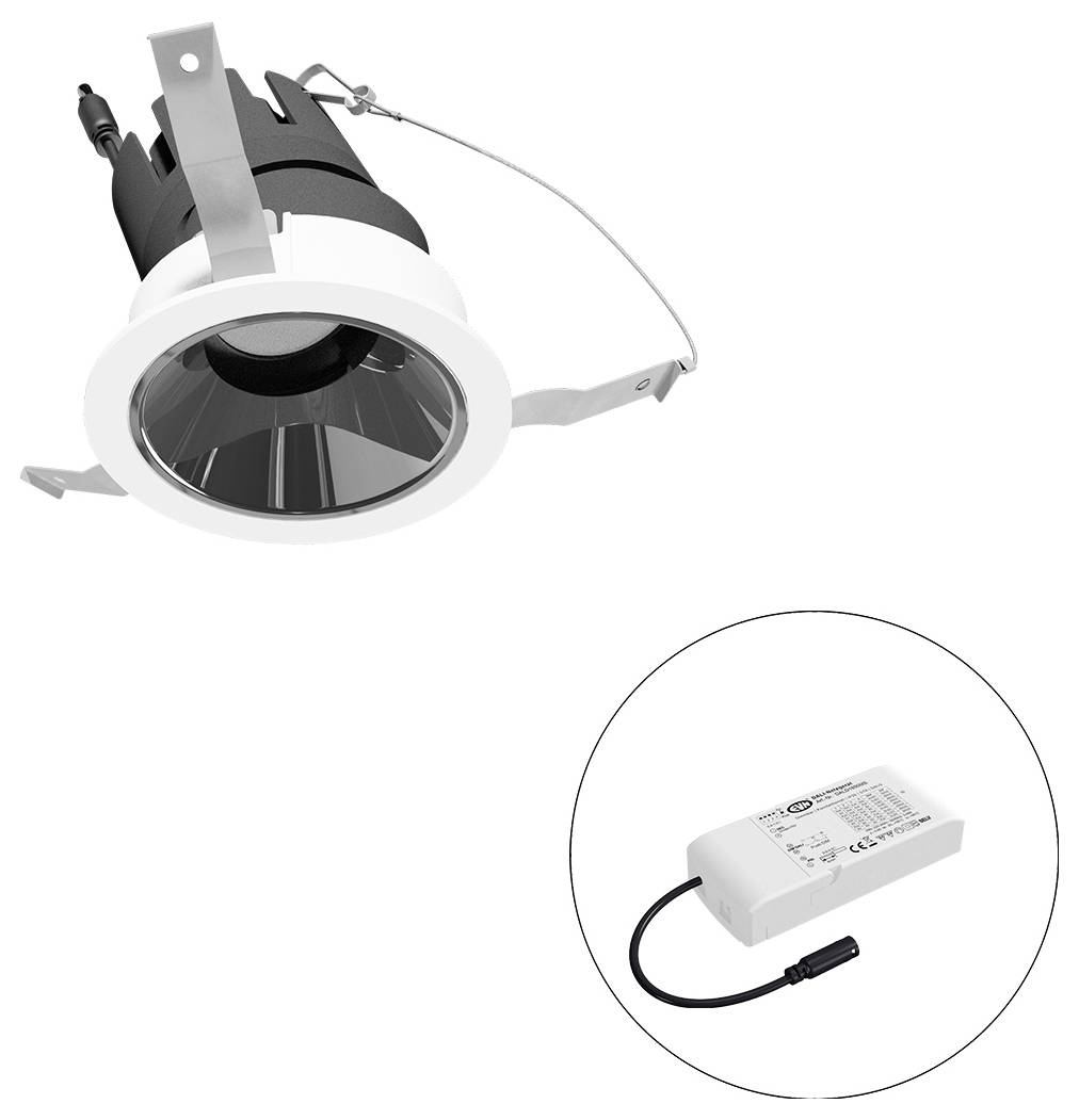 Eingelassene LED-Einbauleuchte mit Federklammern und separater Treibernetzteil, wie im Detailkreis gezeigt.