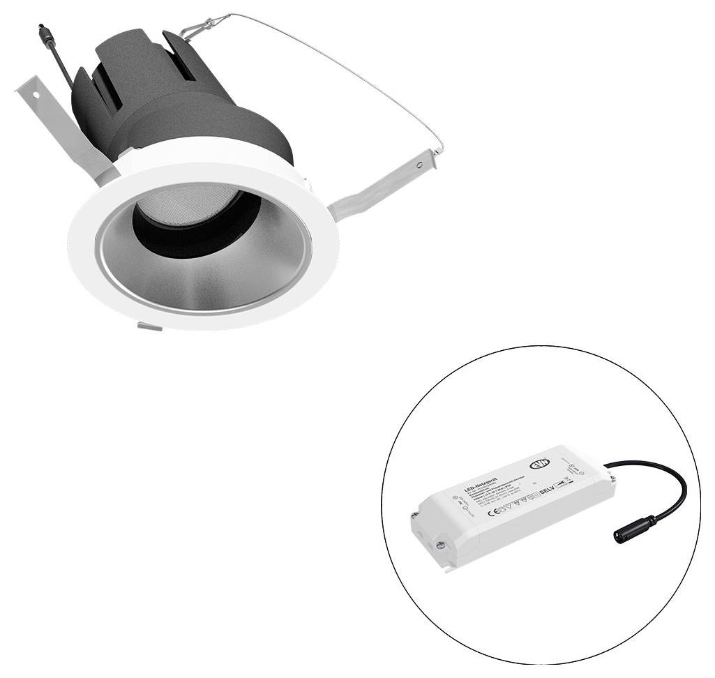 Eingelassene LED-Einbauleuchte mit separater Stromversorgung für den Treiber, dargestellt in einem eingefügten Kreis.