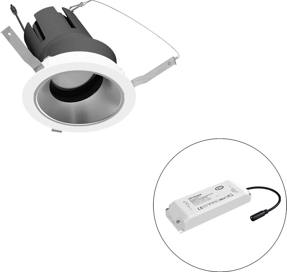 Eingelassene LED-Einbauleuchte mit Federklemmen und angebautem Treiber, dargestellt in einem Insetkreis.