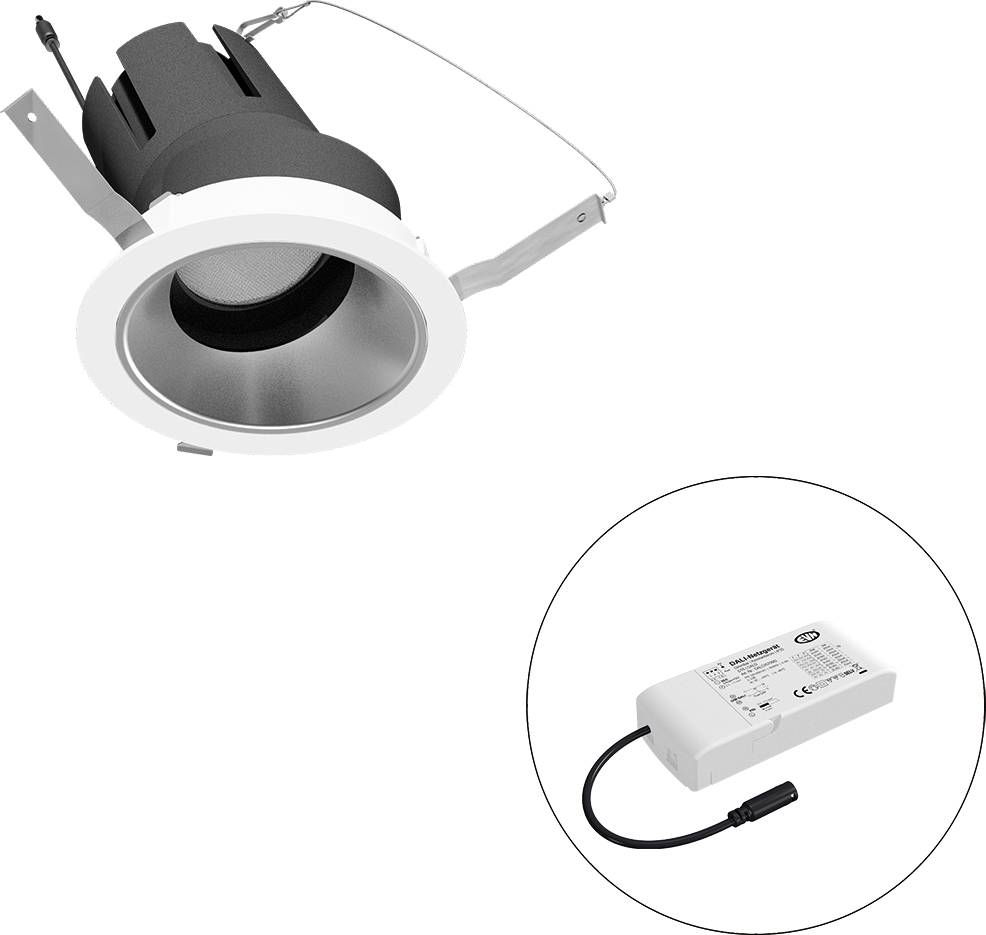Eingelassener LED-Einbaustrahler mit weißem Rahmen und separatem Netzteil, dargestellt in einer kreisförmigen Vergrößerung.