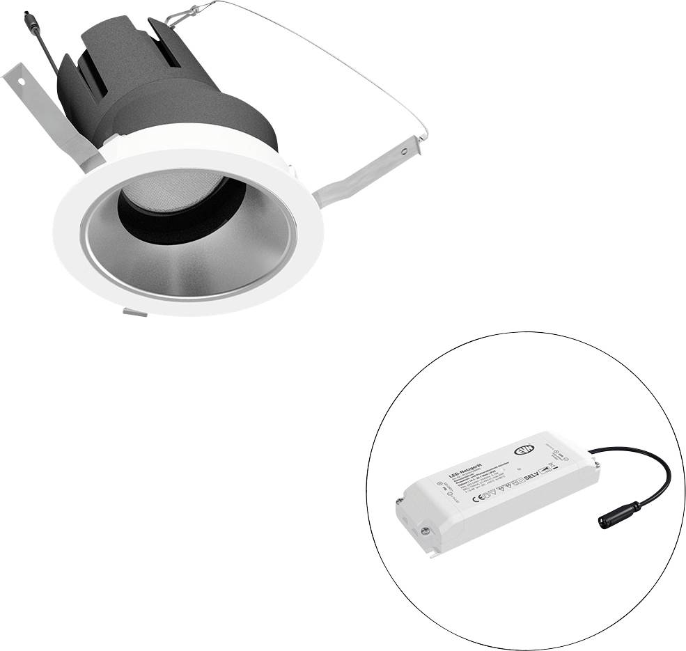 LED-Einbauleuchte mit Montageklammern und separater Treibereinheit, die in einem eingefügten Kreis dargestellt ist.