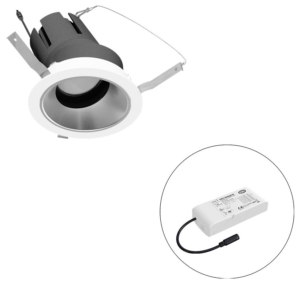 Eingebauter LED-Einbaustrahler mit Federclips und separater Stromversorgung für das Betriebsgerät, dargestellt in einer kreisförmigen Detailvergrößerung.