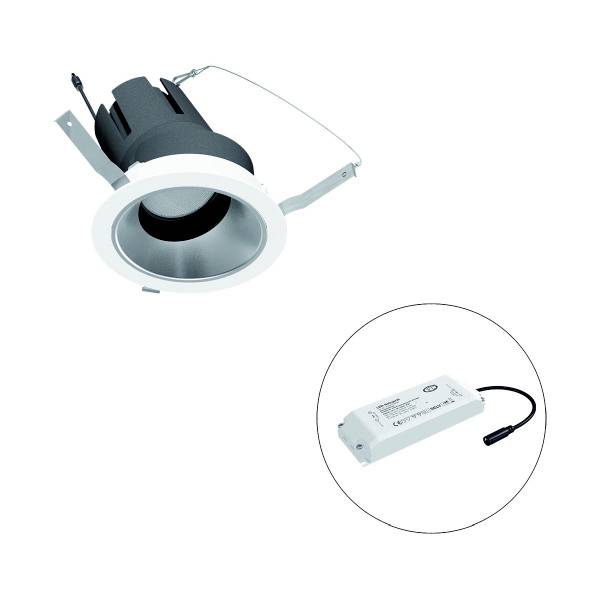 Einbauleuchte mit weißem Rahmen und separatem LED-Treiber. Geeignet für Decken, energiesparend und modern designt.