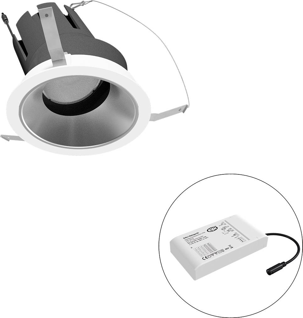 Eingelassene LED-Einbauleuchte mit separatem Treibermodul in einer kreisförmigen Vergrößerung dargestellt.