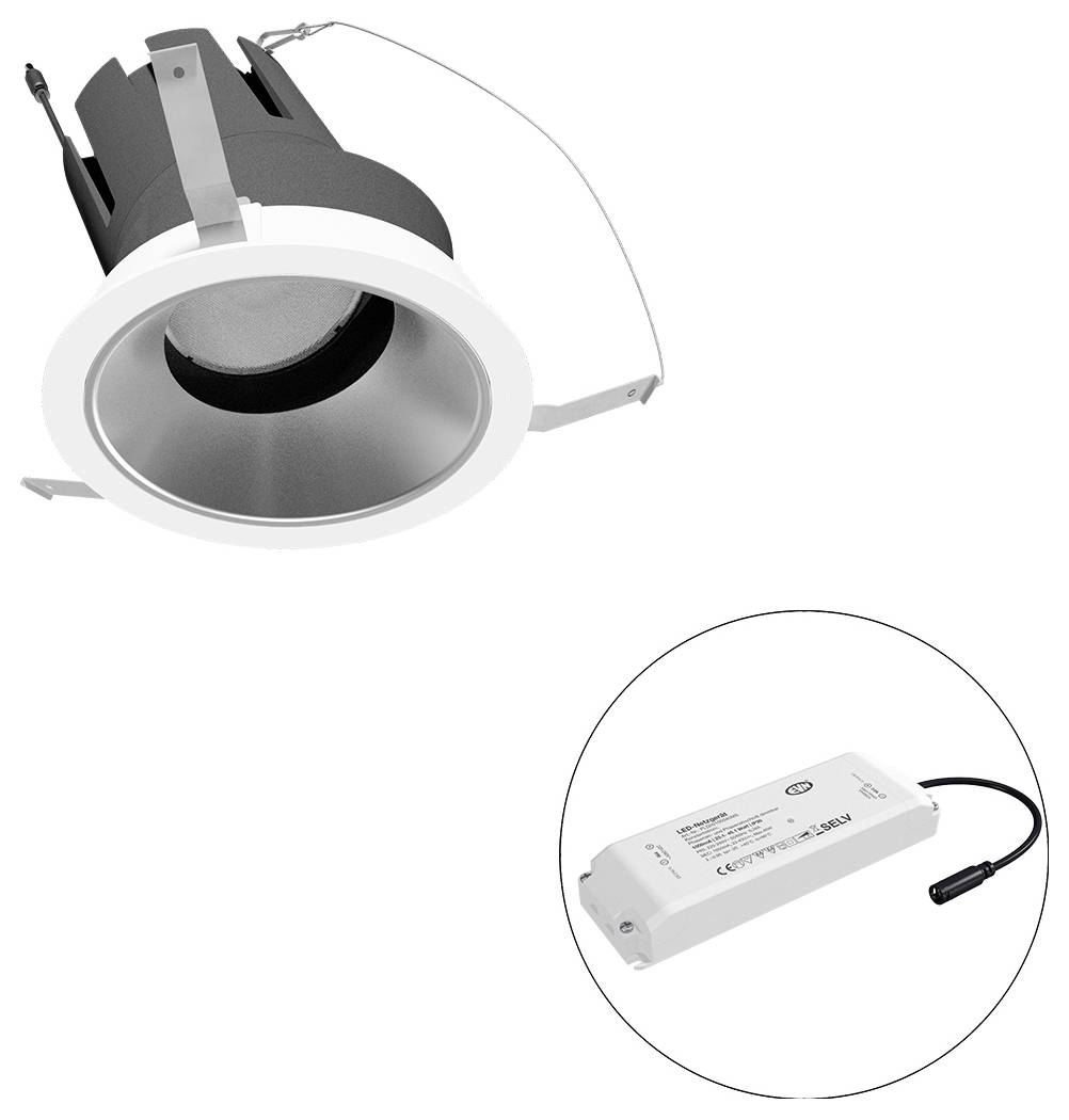 Eingebaute LED-Downlight-Leuchte mit Treibernetzgerät, dargestellt im Inset-Kreis auf weißem Hintergrund.
