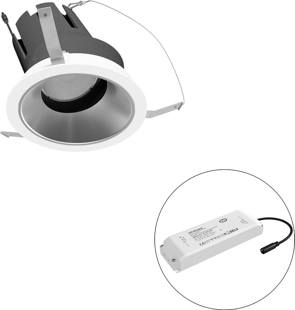 Eingebaute LED-Downlights mit separat angezeigtem Vorschaltgerät/Netzteil in einem Inset-Kreis.