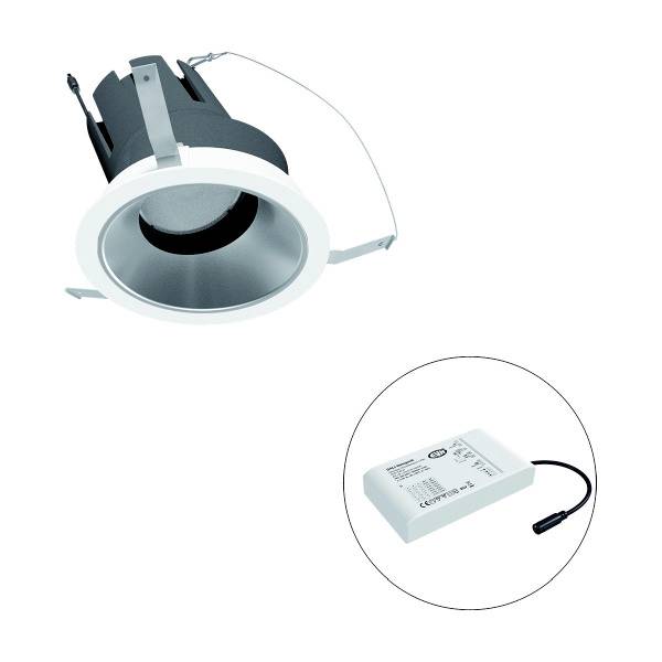 Ein runder, weißer LED-Downlight mit Einbaugehäuse und externer rechteckiger Netzteil mit Kabel. Geeignet für Innenbeleuchtung.
