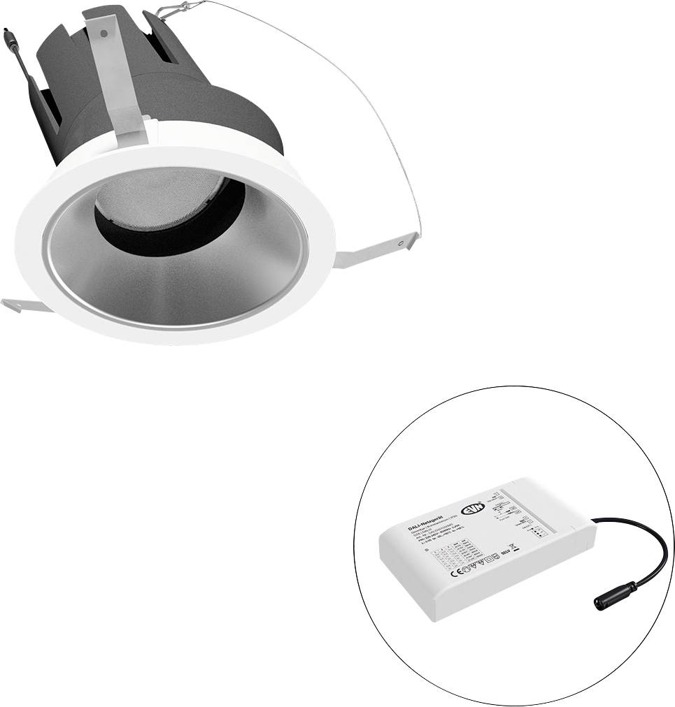 Eingebauter Deckeneinbauleuchte mit separatem LED-Treiber in einem Ausschnittkreis dargestellt.