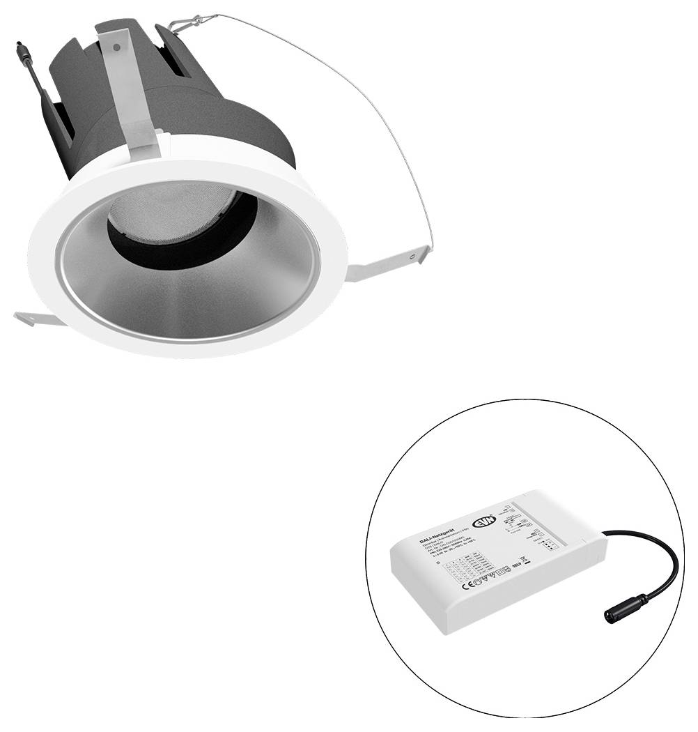 Eingebaute Downlight-Leuchte mit separatem Treiberkasten, dargestellt in einem eingefügten Kreis auf weißem Hintergrund.