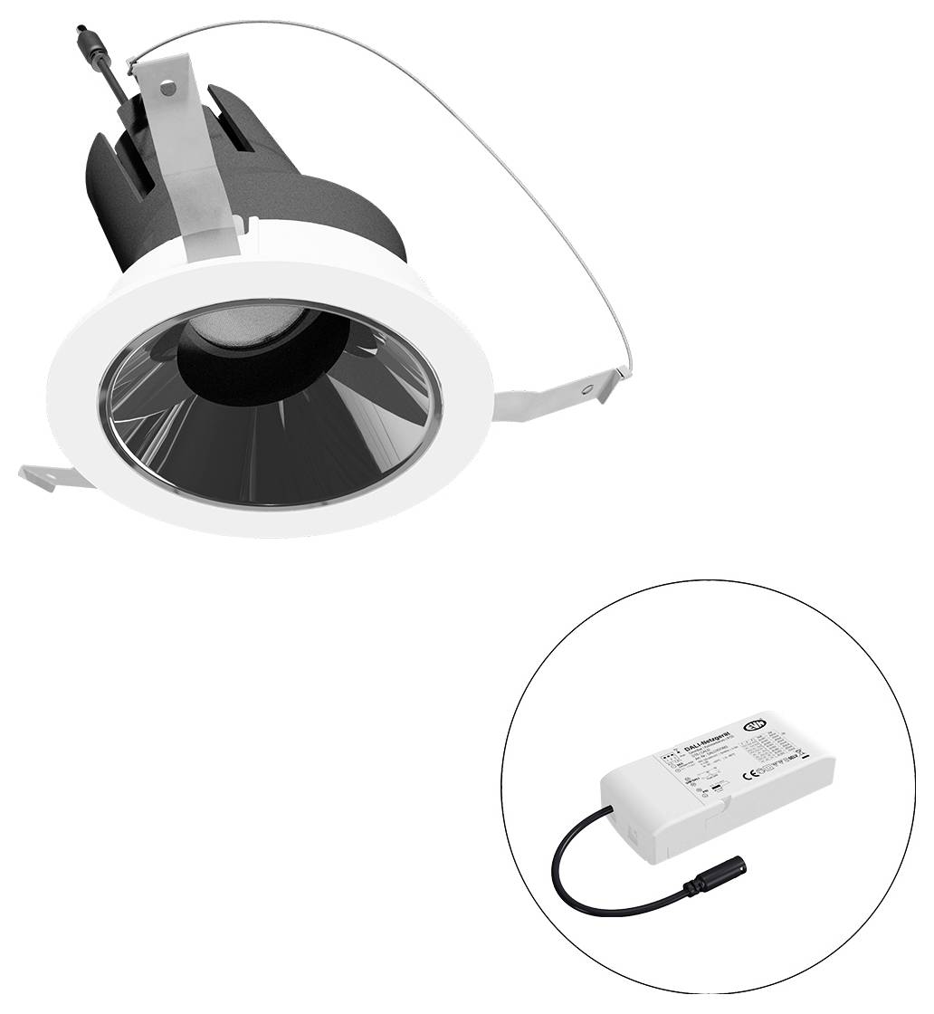 Eingebauter LED-Downlight mit verstellbaren Federclips, abgebildet mit separatem Treiber in einem Einsatzkreis.