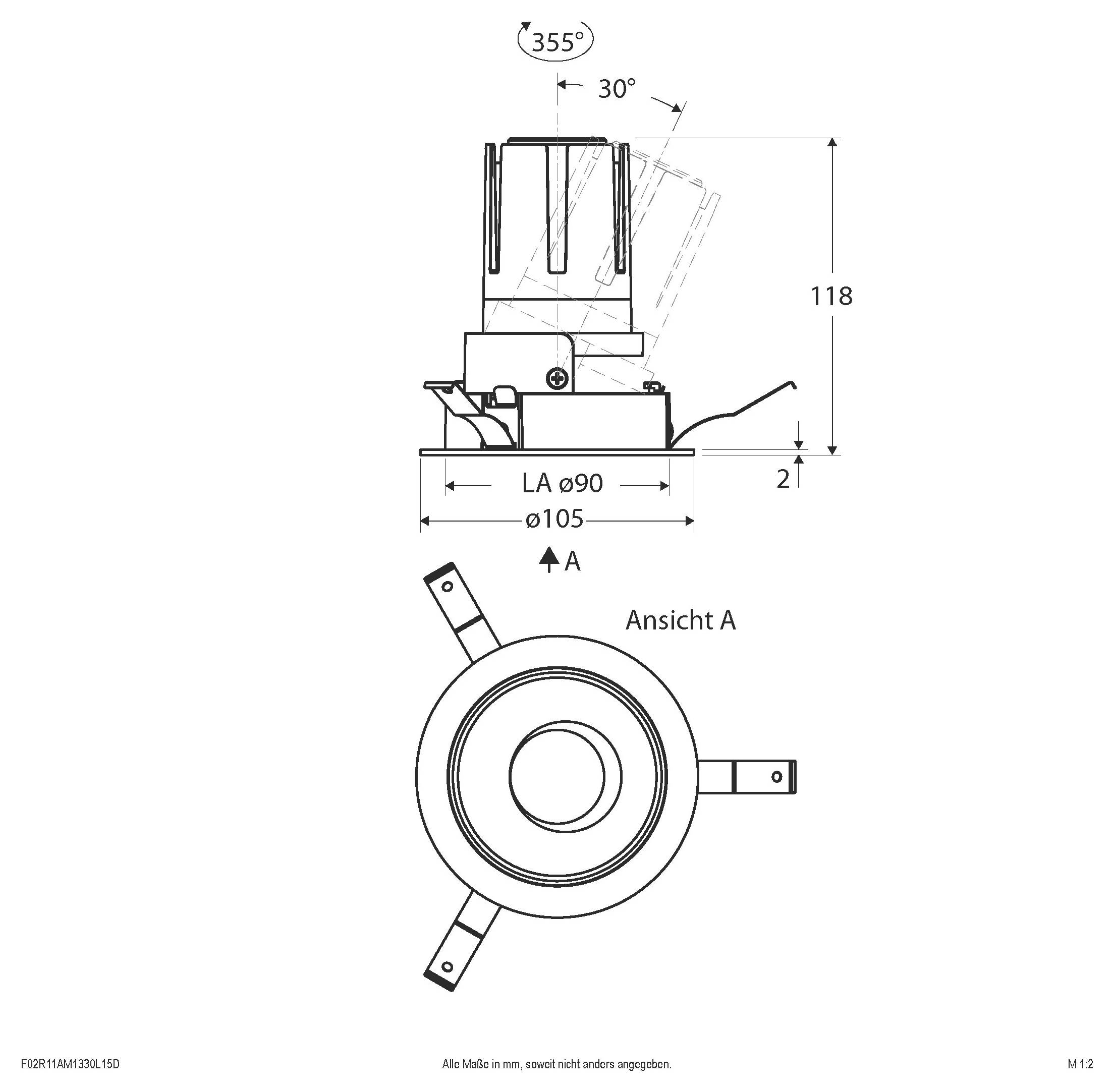 Technische Strichzeichnung eines zylindrischen Maschinenteils mit Seiten- und Draufsicht, die Abmessungen 118, ø105 und Rotationswinkel von 90°/355° zeigt.