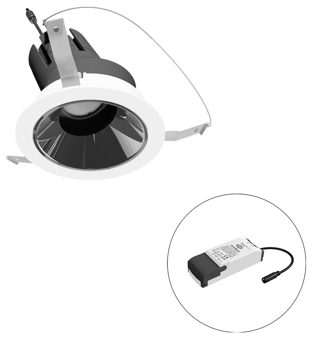 Eingelassene LED-Downlight-Leuchte mit Blende und externem Treiber, dargestellt in der Vergrößerung, mit Angabe der Leuchte und ihrer Stromversorgung.