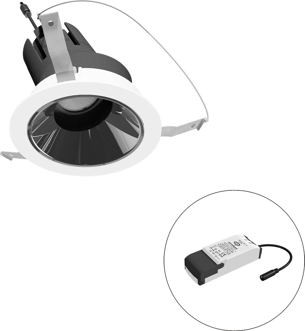 Eingelassenes LED-Einbauleuchte mit externem Treiber, dargestellt mit Verdrahtungsverbindungsdetail.