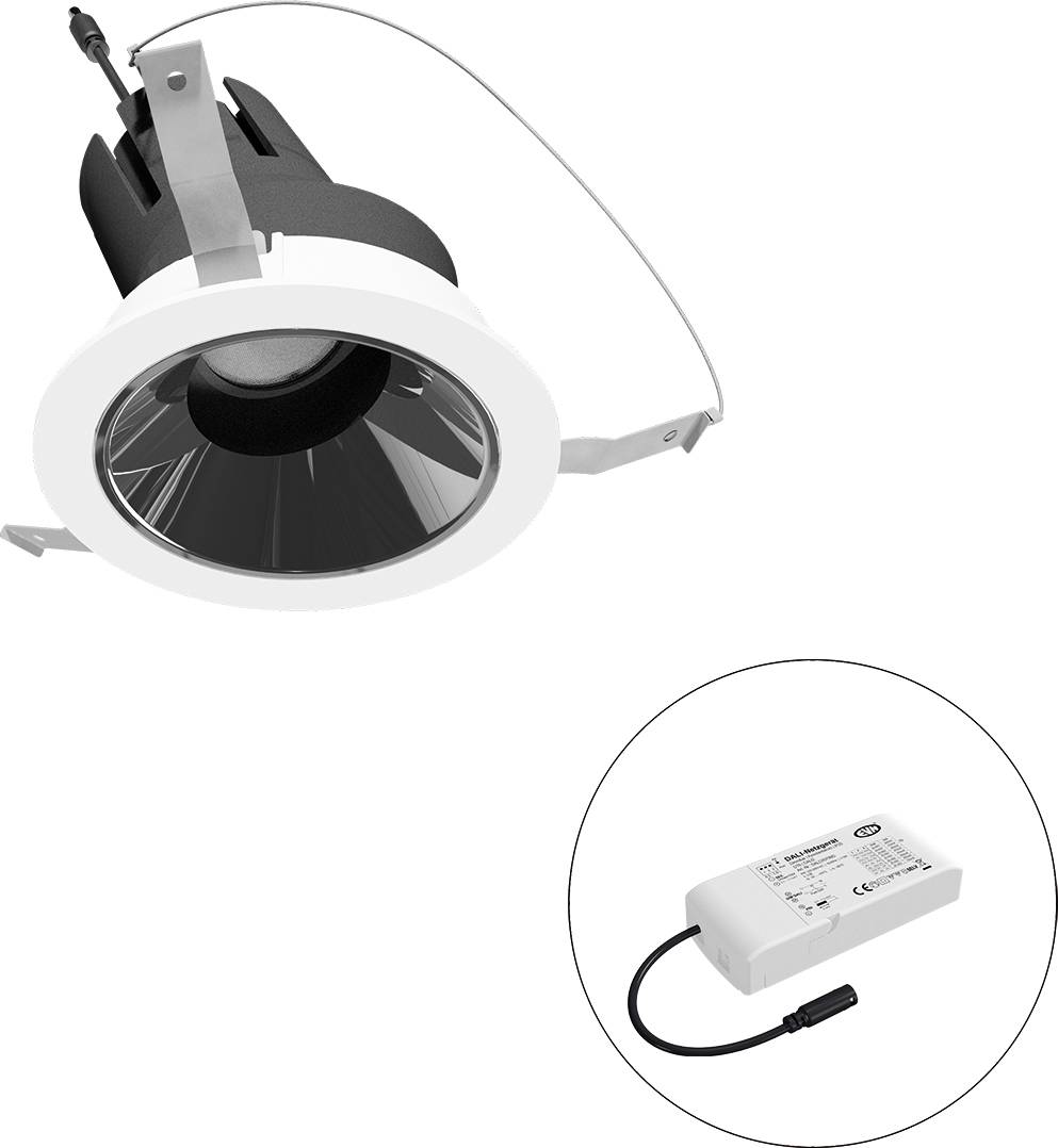 Eingelassene LED-Einbauleuchte mit separatem Treibermodul, dargestellt in einem Kreis, verbunden durch ein Kabel.