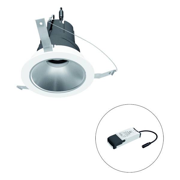 Einbau-LED-Spot mit silberner Fassung, seitlichen Clips und externem Treiber.