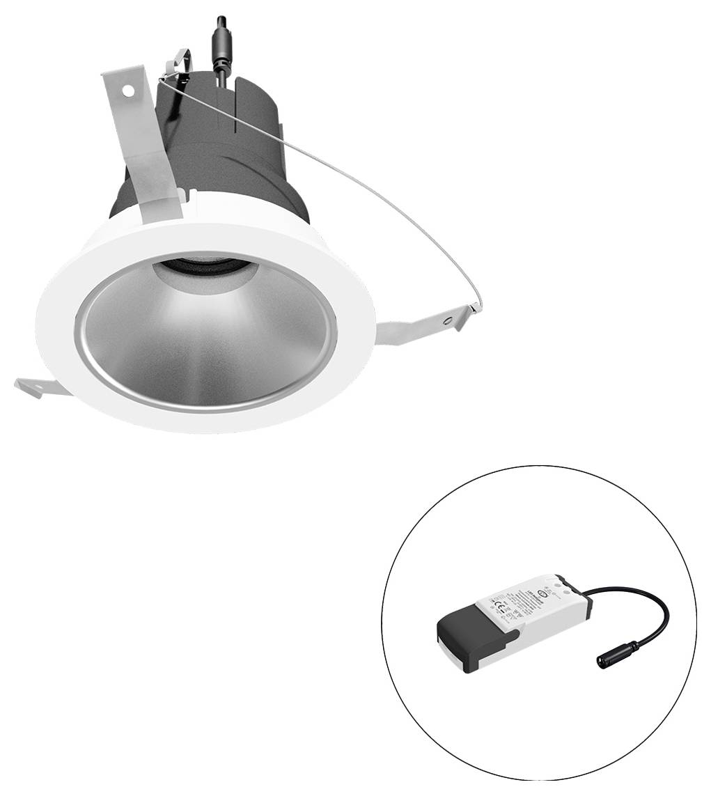 Eingelassene LED-Einbauleuchte mit Federklemmen und angeschlossenem Treiber in einem Ausschnittkreis dargestellt.