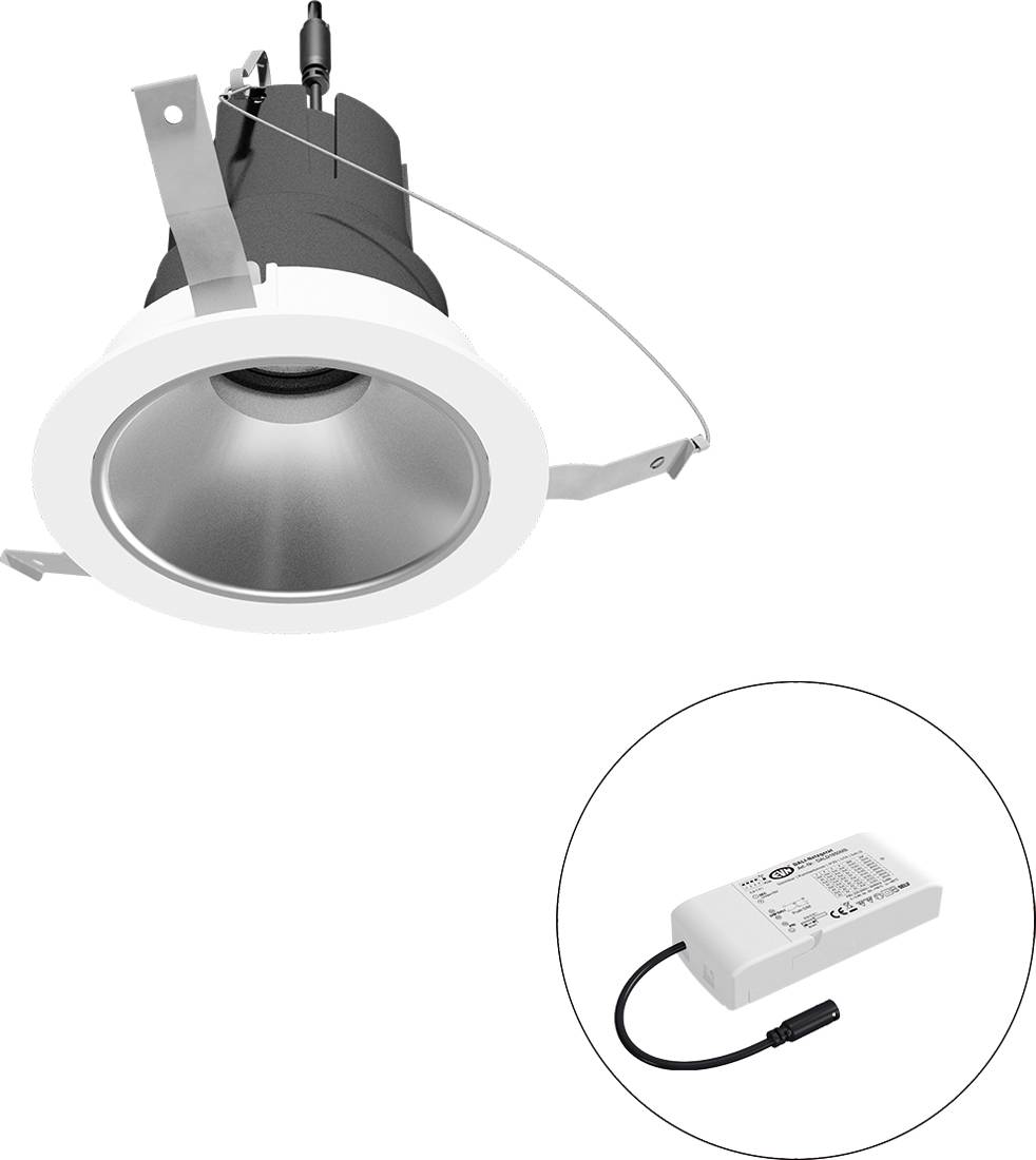 Eingebaute Deckendownlight-Leuchte mit Treiber in einem Insetkreis dargestellt.