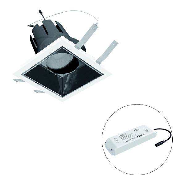Ein quadratisches LED-Downlight mit schwarzem Reflektor und Gehäuse, inklusive externem weißen Treiber mit Anschlusskabel; geeignet für Deckenmontage.