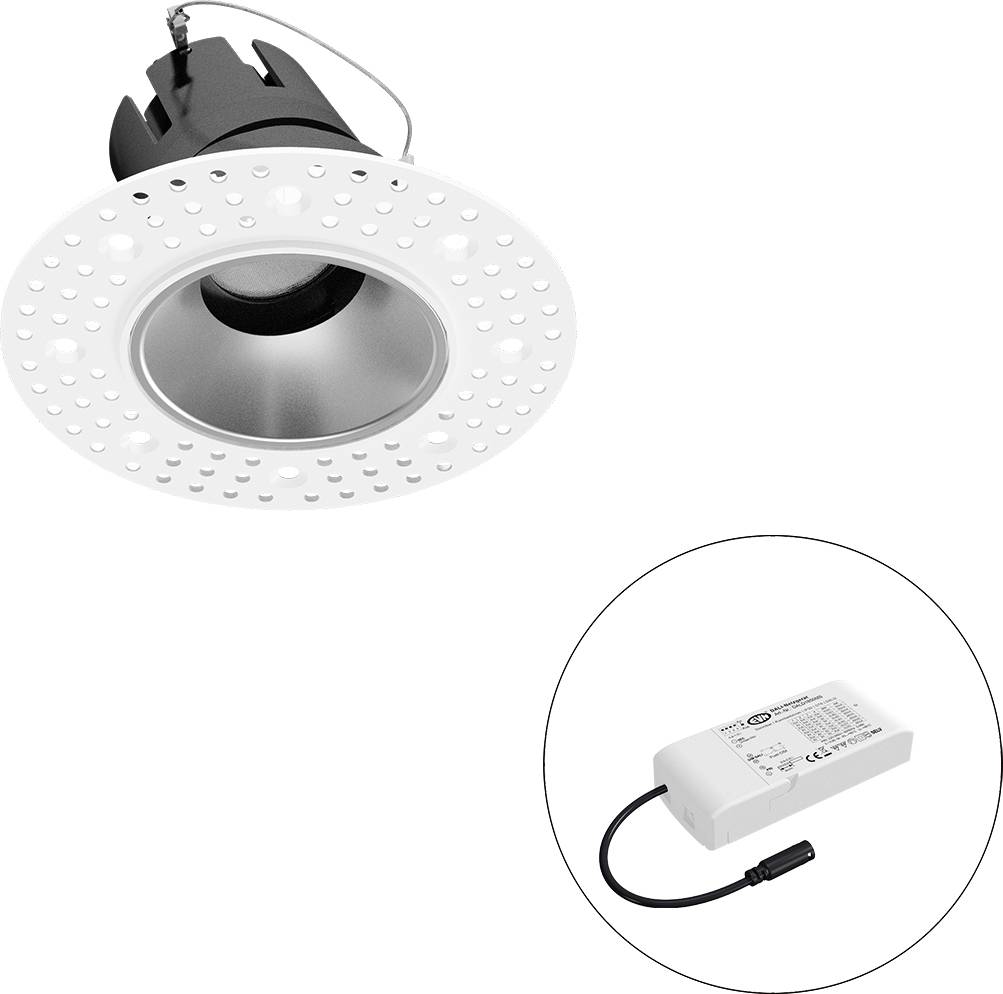 Eingebaute LED-Deckenleuchte mit perforiertem weißem Zierring, plus separates Treibernetzteil, das in einem Inset-Kreis dargestellt ist.