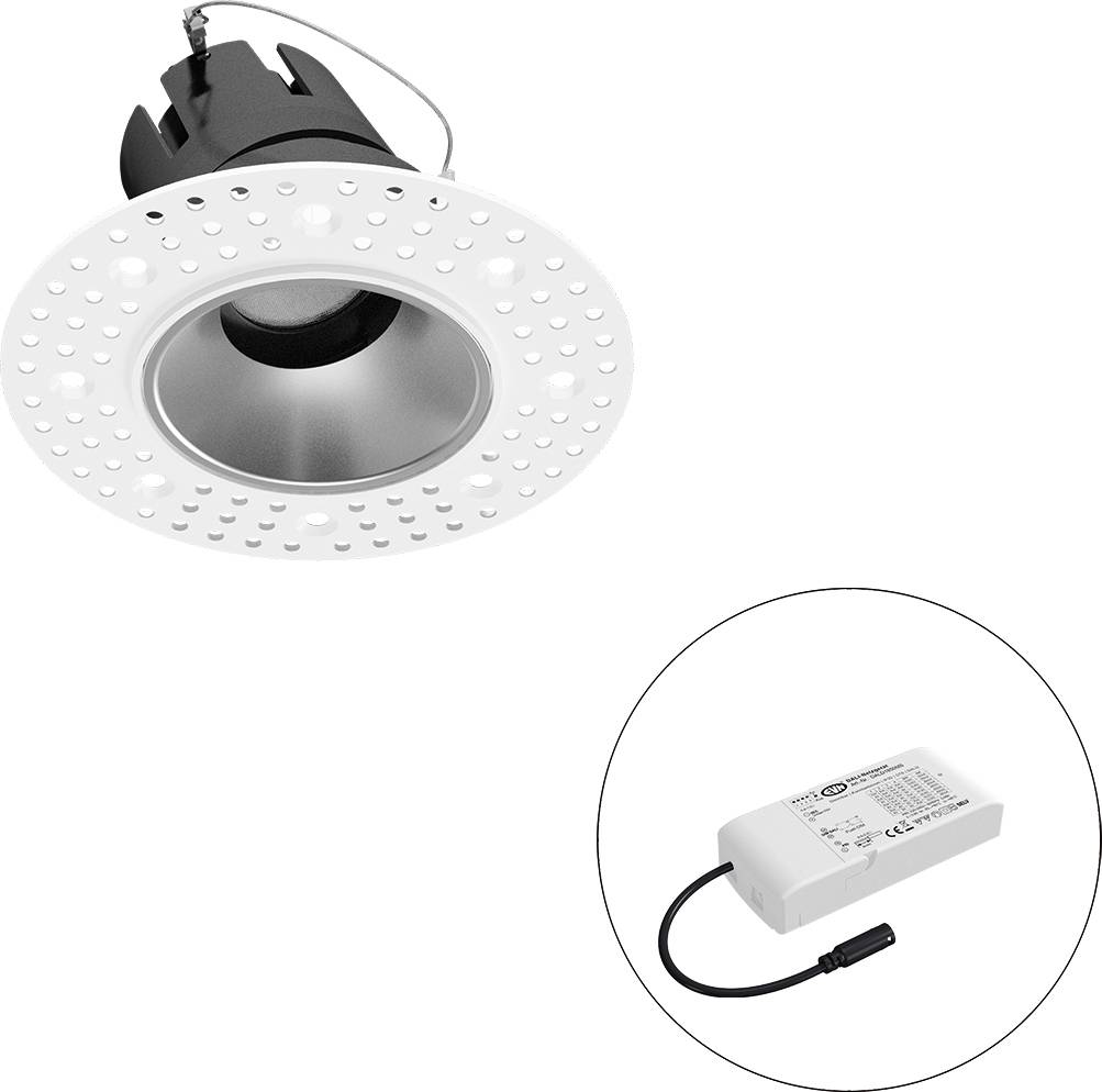 Runde LED-Einbauleuchte mit separatem Treibermodul, das in einem eingefügten Kreis dargestellt ist, was eine Leuchte und ihre Stromversorgung anzeigt.